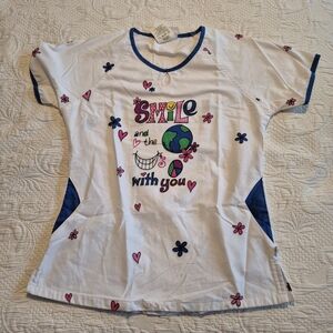 Happy Scrubs women's size Small bright color design & floral graphic EUC